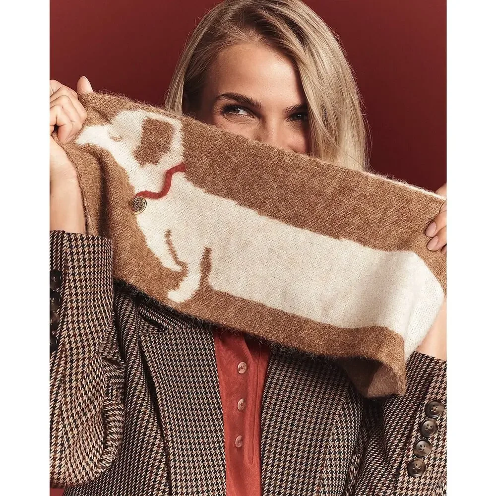 Rare Viral Anthropologie Maeve Dachshund Dog Icon Skinny Knit Scarf Reversible